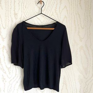 The Row Black Sheer-Sleeve and Cotton V-neck T-Shirt/Top Size: Small